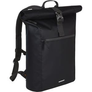 A black roll-top laptop backpack with adjustable straps and a front zip pocket, featuring a logo.