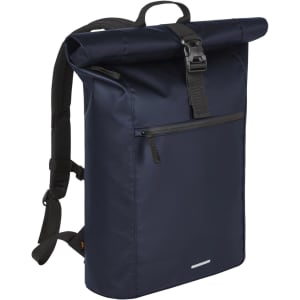 A navy blue roll-top backpack featuring adjustable straps and a front zip pocket. Includes a logo on the front.