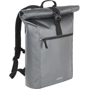 A grey Kurier Notebook Backpack with a roll-top closure and adjustable straps, featuring a front zip pocket.
