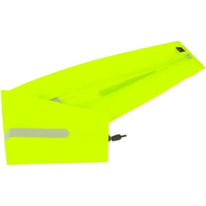 A reflective rain cover in bright yellow, featuring a sleek design with a silver strip and a logo.