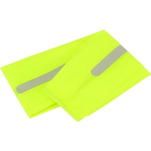 A bright yellow rain cover with reflective strips, folded flat on a white background. It features a logo on the surface.