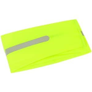 A reflective rain cover in bright yellow with a grey stripe, folded and showcasing its lightweight design.