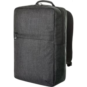 A laptop backpack in dark grey with a minimalist design and a front pocket, featuring a top handle and shoulder straps.