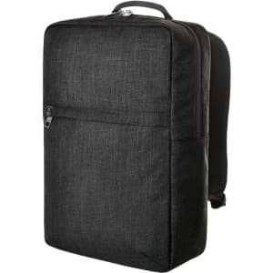 A grey laptop backpack with a sleek design, featuring a front pocket and adjustable straps. It has a logo on it.