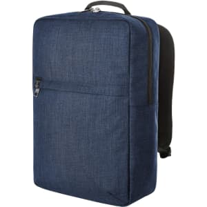 A dark blue backpack with a zippered front pocket and a logo, featuring adjustable straps on the back.