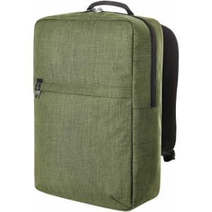 A green laptop backpack with a sleek design, featuring a front pocket and a logo. Ideal for carrying laptops and essentials.