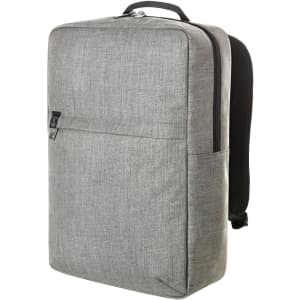 A grey laptop backpack with a sleek design, featuring a zip closure and a front pocket. It has a logo on one side.