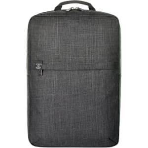 A grey laptop backpack with a sleek design and front pocket, featuring a logo on the side.