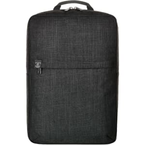 A black laptop backpack with a textured finish, featuring a front pocket and a branding logo.