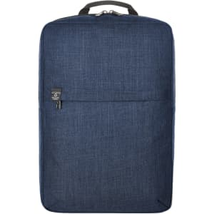 A blue laptop backpack with a sleek design, featuring a front pocket and a logo on the side.
