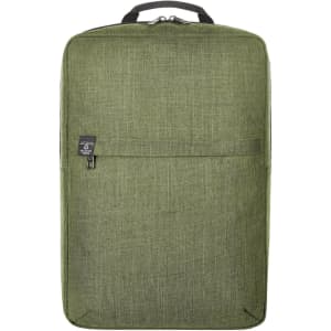 A green laptop backpack with a textured finish and a front zip pocket, featuring a logo.