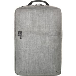 A grey laptop backpack with a simple design, featuring a front zip pocket and a logo.