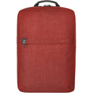 A red laptop backpack featuring a main compartment and a front zip pocket, with a logo on it.