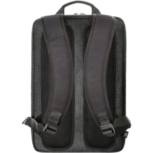 A black and grey laptop backpack featuring padded back straps and a mesh design. It has a logo on the exterior.