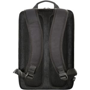 A black notebook backpack featuring padded shoulder straps and a mesh design for comfort. Includes a logo.