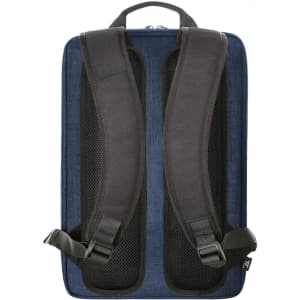 A blue laptop backpack featuring padded, breathable shoulder straps and a top handle for easy carrying.