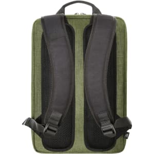 A green laptop backpack featuring padded black shoulder straps and a zipped compartment. It has a logo on the exterior.