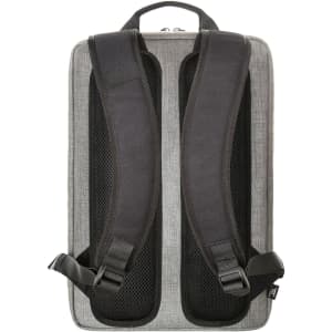 A grey laptop backpack with padded black straps and mesh detailing on the back. It features a branding logo.