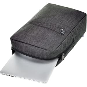A grey laptop backpack with a sleek design, featuring a front zipper and a visible silver laptop inside.