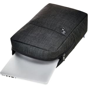 A dark grey laptop backpack featuring a sleek design and a zippered compartment for a laptop. It has a logo.