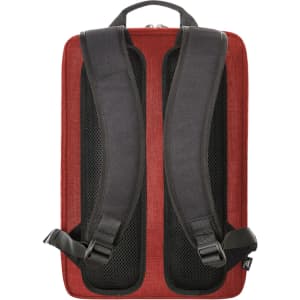 A red notebook backpack with black padded straps and mesh backing, featuring a simple design and a logo.
