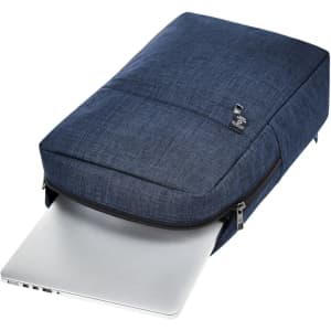 A blue laptop backpack with a sleek design and zippered compartment, partially open to reveal a silver laptop inside.