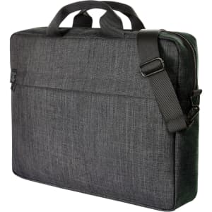 A grey laptop bag with handles and a shoulder strap, featuring a zipped closure and a front pocket.