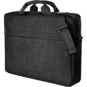 A black laptop bag with a sleek design, featuring a handle and removable shoulder strap. It has a front pocket and branding.