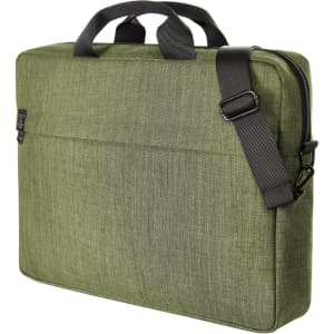 A green laptop bag with a textured finish, featuring dual handles and an adjustable shoulder strap. It has a logo on the front.