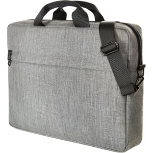 A grey laptop bag with a textured finish, featuring top handles and an adjustable shoulder strap.