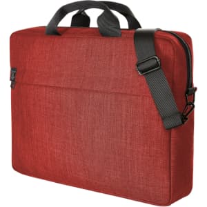 A red laptop bag with a textured finish, featuring dual handles and a detachable shoulder strap.