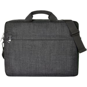 A grey laptop bag with a sturdy handle and adjustable shoulder strap, featuring a smooth fabric texture and a logo.