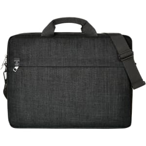 A laptop bag in grey fabric with a shoulder strap and top handles, featuring a sleek design and a logo.
