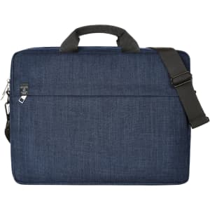 A navy blue laptop bag with a handle and adjustable shoulder strap, featuring a logo on the front.