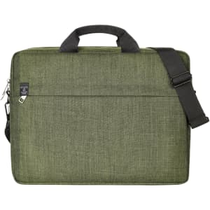 A laptop bag in olive green with a textured finish, featuring a handle and adjustable shoulder strap.