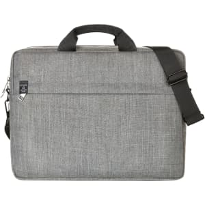 A grey laptop bag with a top handle and adjustable shoulder strap, featuring a logo.