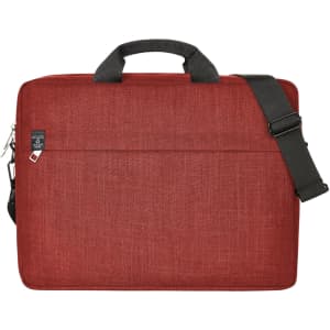 A red laptop bag with a textured finish, featuring a handle and an adjustable shoulder strap. It has a logo on the front.