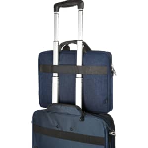 A navy blue laptop bag features two handles and a retractable trolley handle, with a logo on the front.