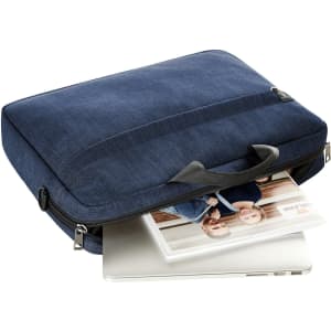 A laptop bag in navy blue with a handle, featuring a zippered closure and a laptop partially visible inside.