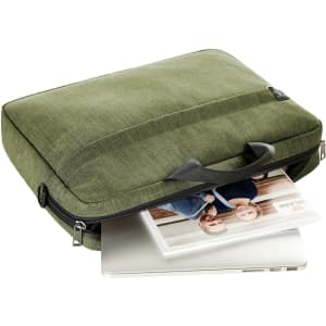 A green laptop bag with a zippered closure and a handle, slightly open to reveal a laptop inside.