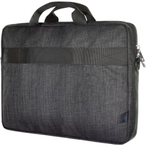 A black laptop bag with a textured finish and top handles, featuring a branding logo on the side.