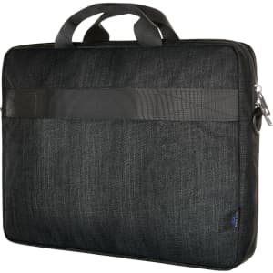 A black laptop bag with handles and a textured finish, featuring a strap across the middle and a logo.