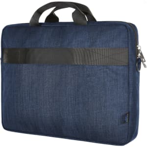 A laptop bag in navy blue fabric with a black strap, featuring a zipper and dual handles.
