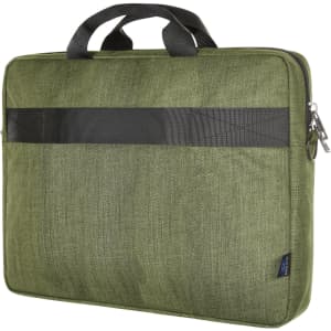 A laptop bag in olive green with a black stripe and two handles, featuring a zipper closure and a logo.