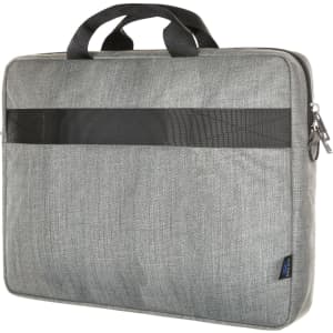 A laptop bag in grey fabric with a black horizontal strap and dual handles. Features a zip closure and branding.