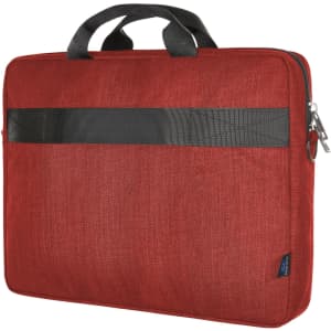 A red laptop bag with a grey fabric band and a zipper, featuring dual handles for carrying.