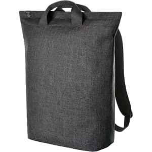 A grey laptop backpack with dual handles and adjustable shoulder straps, featuring a sleek minimalist design and a logo.