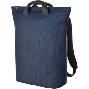 A blue laptop backpack with dual handles and adjustable straps, featuring a simple design and branding.