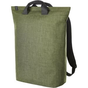 A green laptop backpack with a textured fabric, featuring top handles and adjustable shoulder straps. It has a logo.
