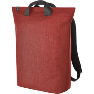 A red laptop backpack with a sleek design, featuring both carrying handles and adjustable straps, along with a logo.